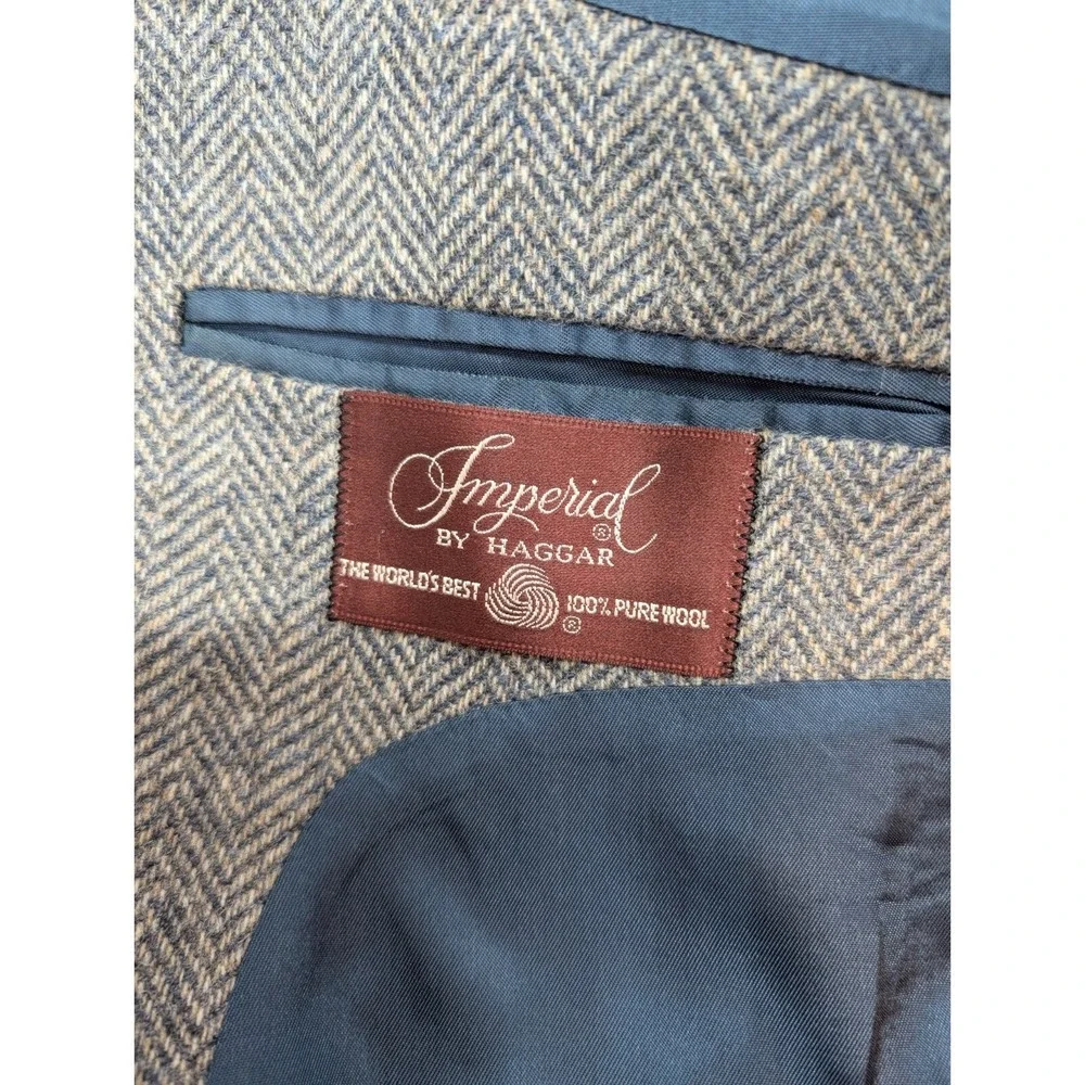 Vintage Haggar Tweed Blazer Jacket Size 44L Wool Gray Blue Herringbone Corpcore